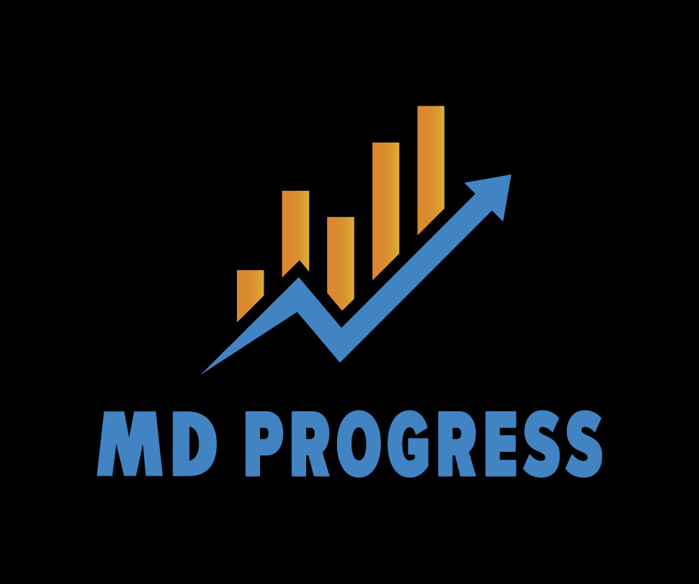 Logo firmy MD Progress na czarnym tle. Wykres słupkowy wzrostu z niebieską strzałką skierowaną w górę. Nazwa firmy w kolorze niebieskim, nowoczesny font.