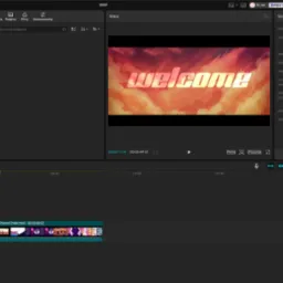 Ekran programu do montażu wideo CapCut z osią czasu i podglądem animowanego napisu 'welcome' na tle chmur. Widoczne narzędzia i ustawienia projektu.