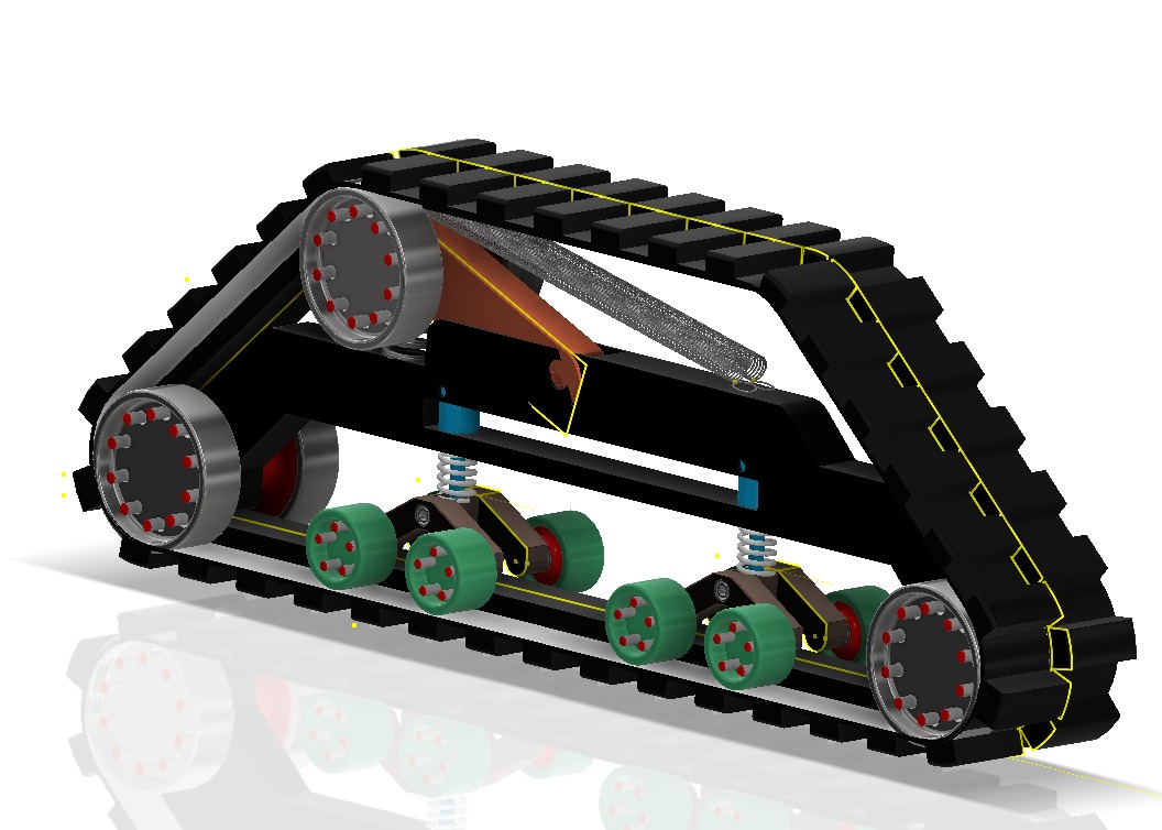 Model 3D gąsienicy z kołami i sprężynami na białym tle, widok z perspektywy. Elementy w kolorach czarnym, szarym, zielonym i brązowym. Widoczne odbicie na podłożu.