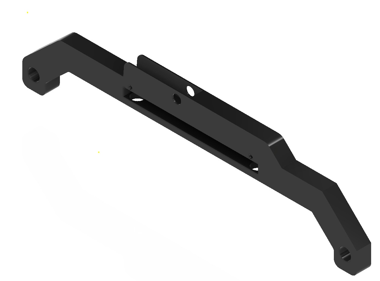 Czarny element konstrukcyjny z otworami, modelowany w CAD, prezentowany przez firmę z Luzina. Widok z perspektywy, oświetlenie studyjne, gładka powierzchnia elementu.