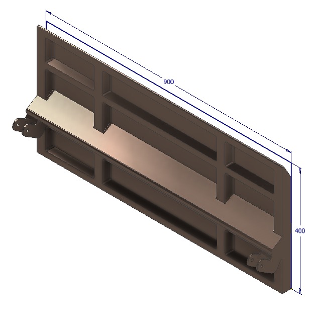 Szczegółowy model 3D konstrukcji stalowej z wymiarami 900x400, prezentujący precyzyjne projektowanie CAD/CAM/CAE. Widok izometryczny z detalami połączeń.
