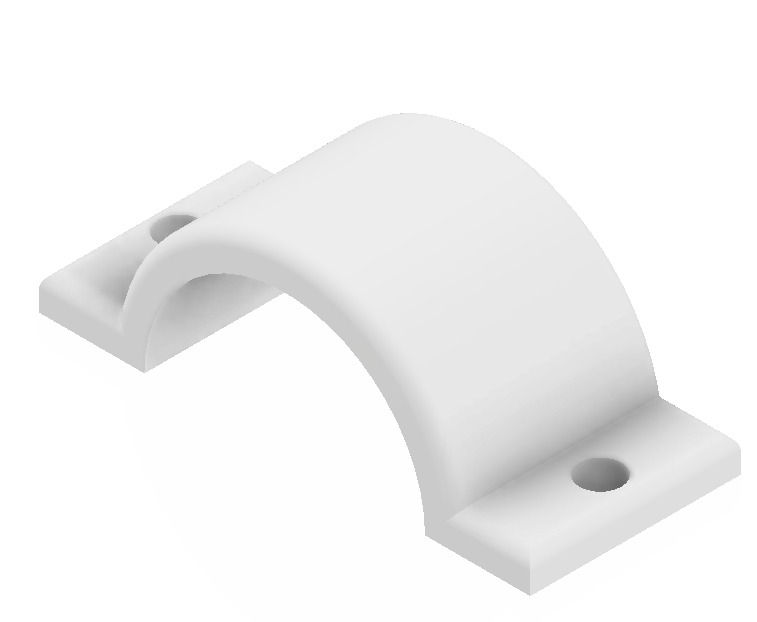 Wizualizacja 3D uchwytu rury z tworzywa sztucznego, widok izometryczny, biały, z otworami na śruby, na białym tle, renderowanie CAD.