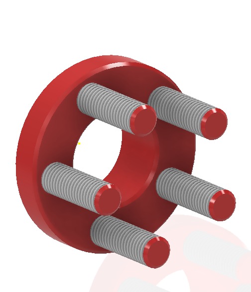 Czerwony kołnierz z pięcioma śrubami z gwintem, wizualizacja 3D. Element konstrukcyjny w ujęciu z góry.