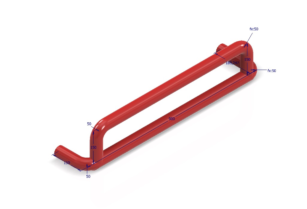 Czerwony, wymiarowany model 3D poręczy stalowej na białym tle. Widoczne wymiary 50, 150 i 900. Model CAD/CAM/CAE, prezentacja projektu konstrukcji stalowej.
