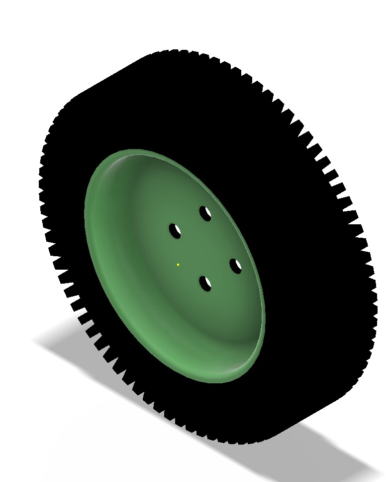 Model 3D koła z zieloną felgą i czarną oponą z wyraźnym bieżnikiem, widoczne cztery otwory na śruby. Grafika CAD/CAM/CAE z cieniem na białym tle.