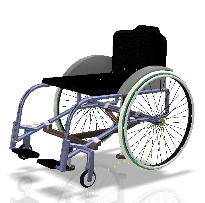 Model 3D wózka inwalidzkiego z metalową ramą i czarnym siedziskiem, prezentowany w perspektywie ukośnej, z widocznym cieniem na białym tle.