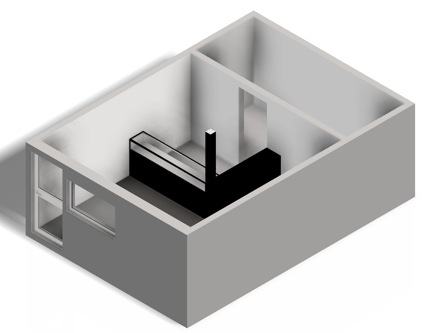 Izometryczny rzut 3D wnętrza z czarnym wyposażeniem i oknem, prezentujący projekt CAD/CAM/CAE z charakterystycznym oświetleniem i minimalistycznym stylem.