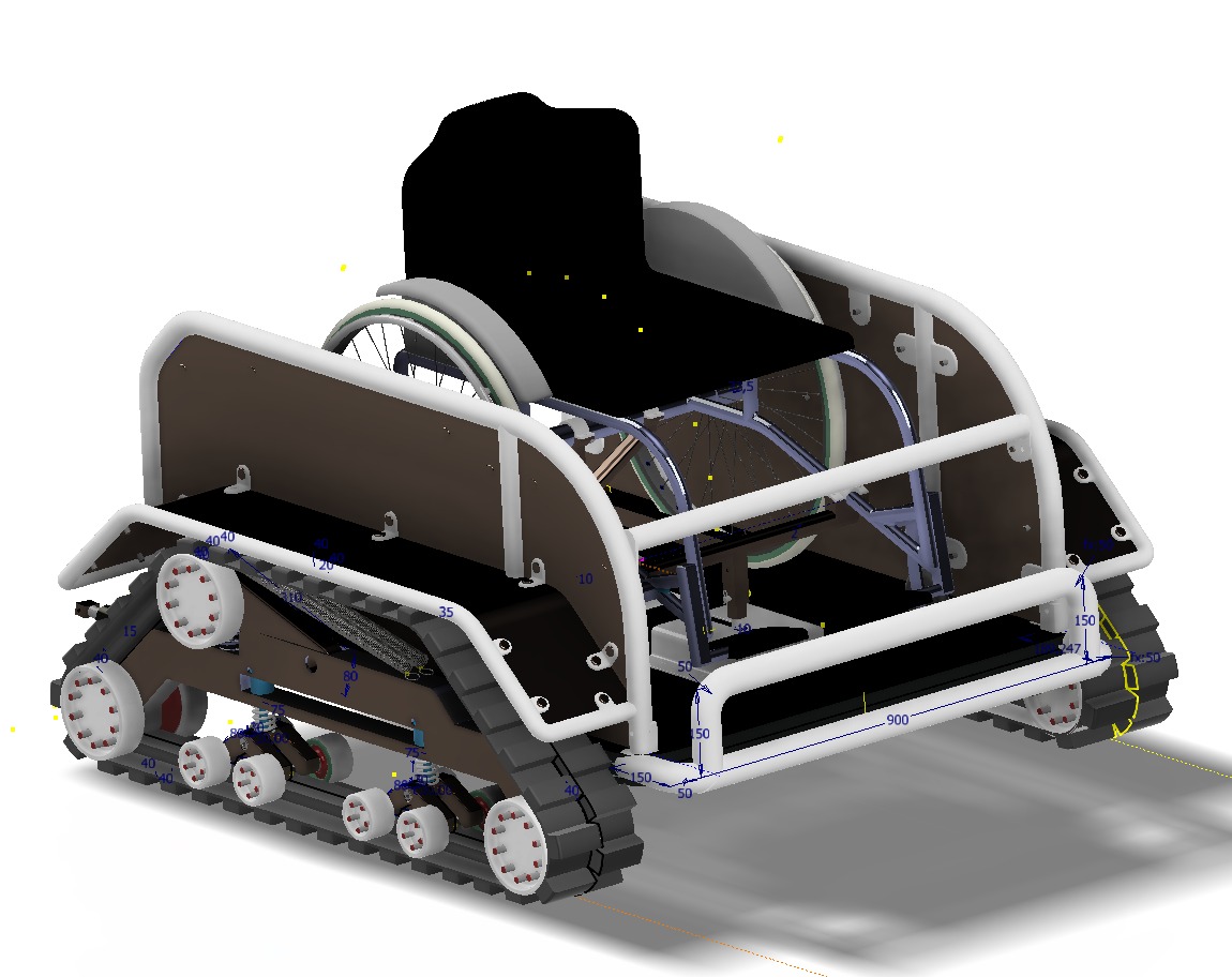 CAD model wózka inwalidzkiego z napędem gąsienicowym, widok z perspektywy, prezentujący konstrukcję i wymiary, na białym tle.