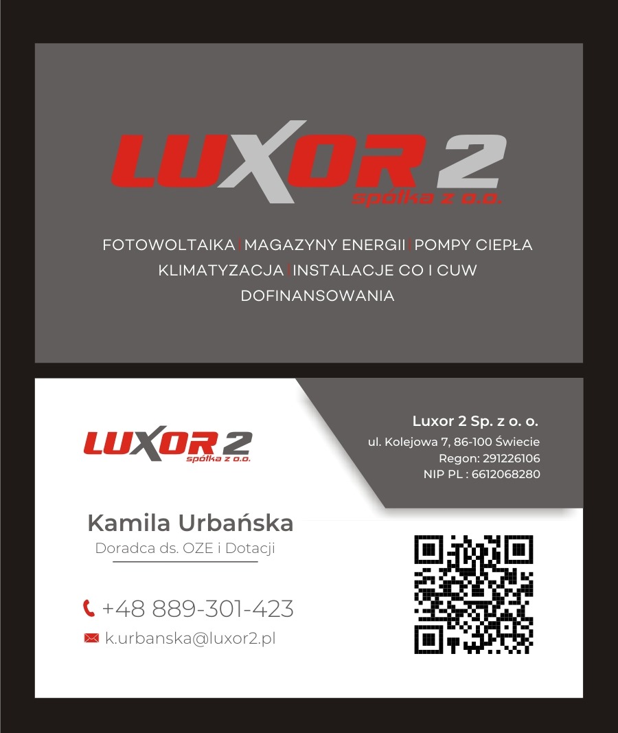 Wizytówka firmy Luxor 2 Sp. z o.o. z ofertą fotowoltaiki, magazynów energii, pomp ciepła, klimatyzacji i instalacji CO i CWU. Kontakt: Kamila Urbańska, doradca ds. OZE i dotacji.