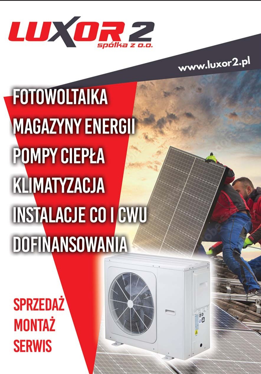 Baner reklamowy firmy Luxor2 z ofertą: fotowoltaika, magazyny energii, pompy ciepła, klimatyzacja, instalacje CO i CWU, dofinansowania, sprzedaż, montaż i serwis.