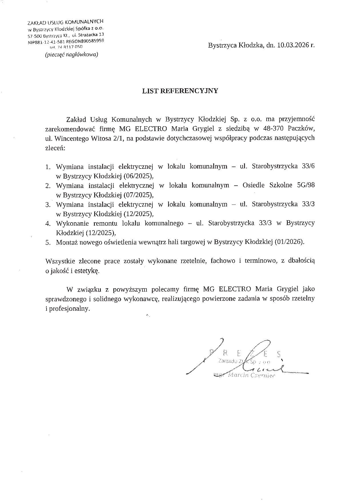 Dokument referencyjny dla firmy MG ELECTRO Maria Grygiel, potwierdzający wymianę instalacji elektrycznej i montaż oświetlenia w lokalach komunalnych w Bystrzycy Kłodzkiej.