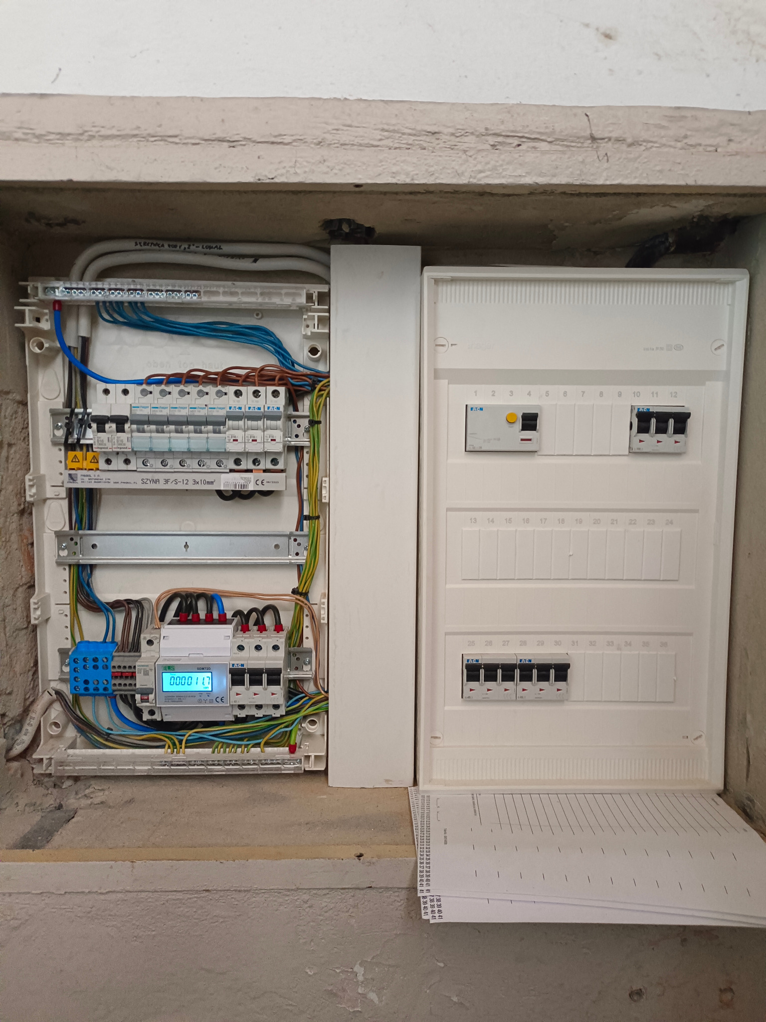 Rozdzielnica elektryczna wnękowa z zainstalowanymi bezpiecznikami, licznikiem energii i okablowaniem, widok z bliska na szare tło ściany.