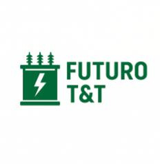 Zielone logo Futuro T&T: transformator z symbolem błyskawicy. Minimalistyczny design na białym tle.