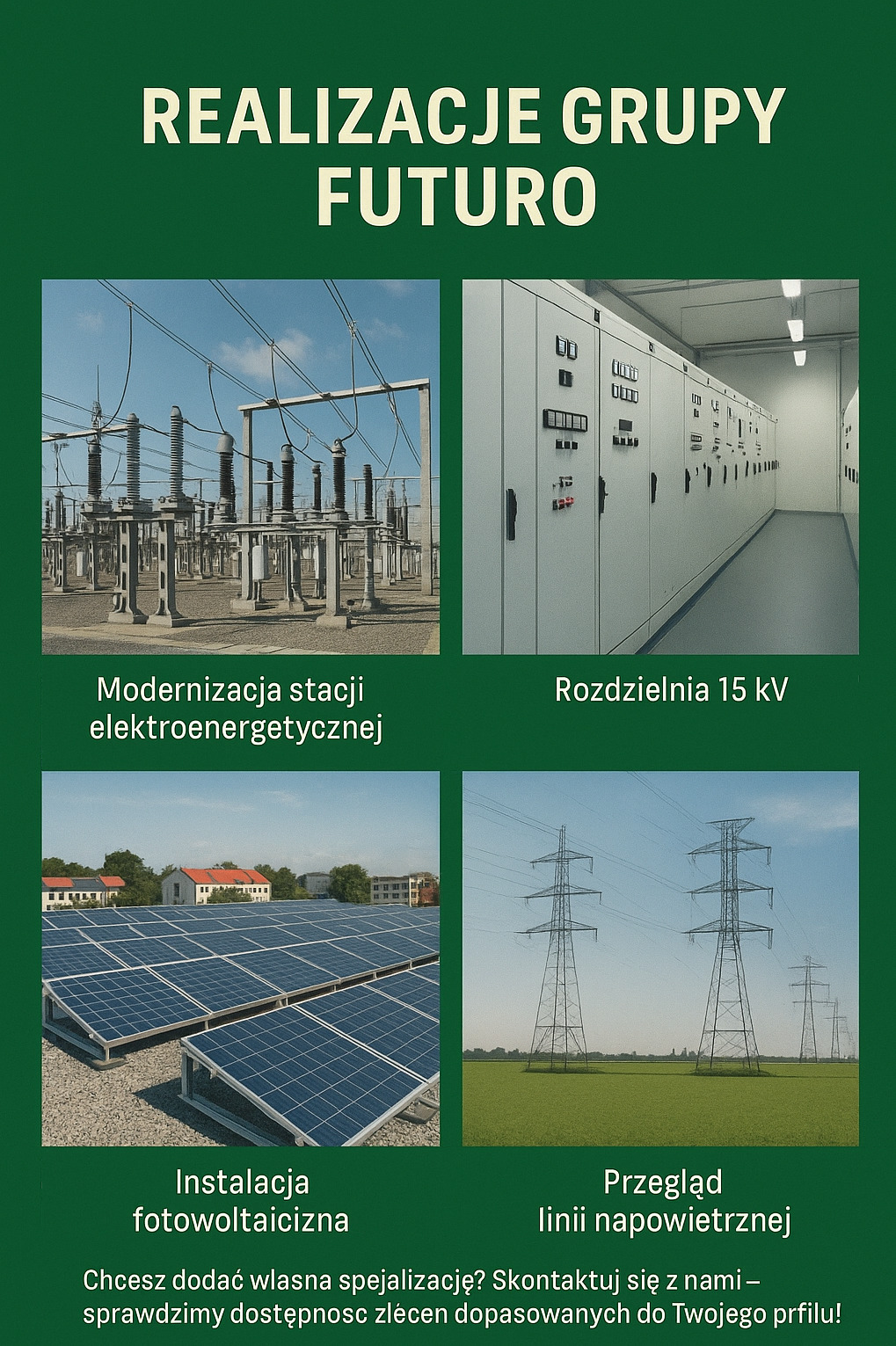 Realizacje Grupy Futuro: modernizacja stacji elektroenergetycznej, rozdzielnia 15 kV, instalacja fotowoltaiczna, przegląd linii napowietrznej.