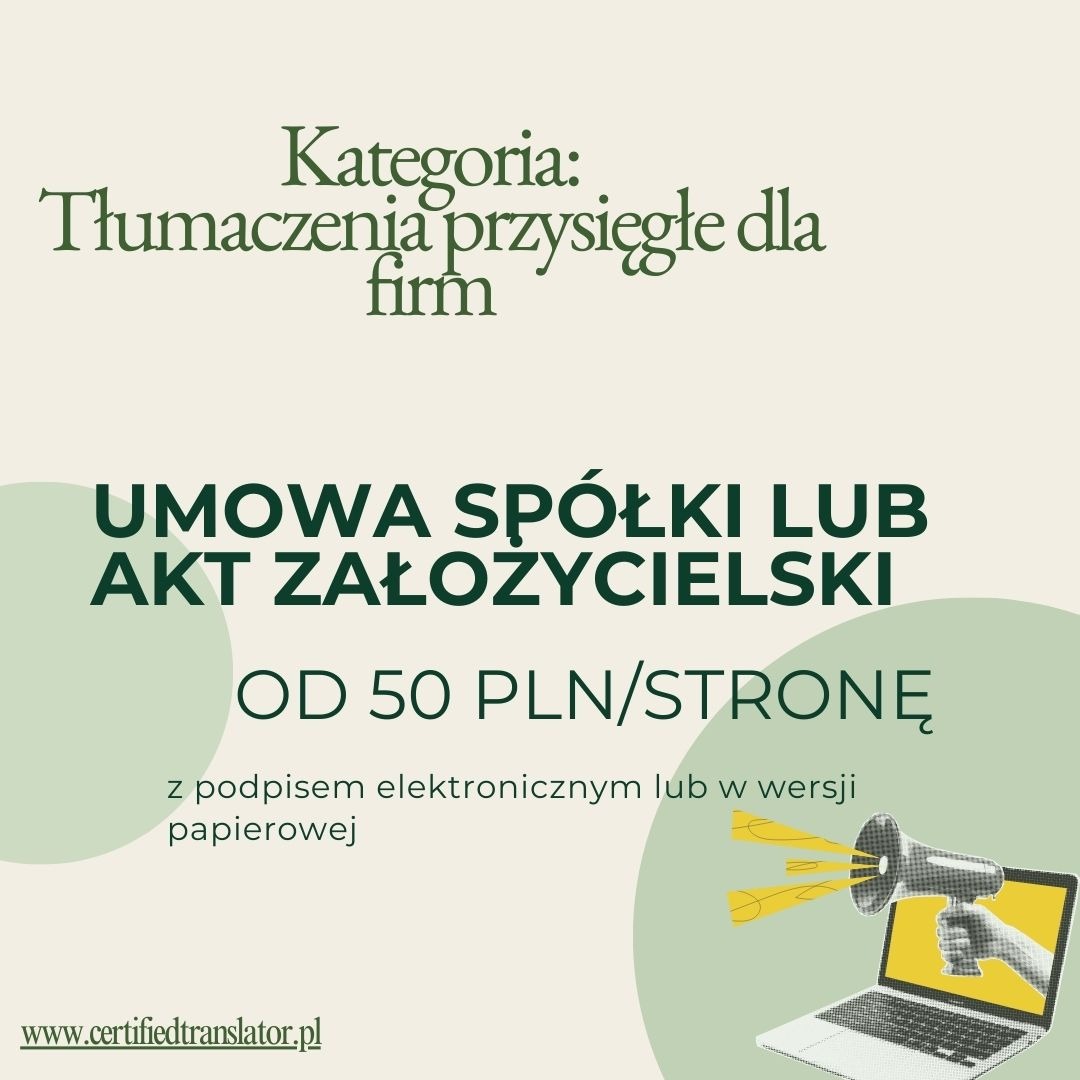 Grafika: Tłumaczenia przysięgłe dla firm - umowa spółki/akt założycielski od 50 PLN/stronę, z podpisem elektronicznym/papierowym. Laptop z megafonem.