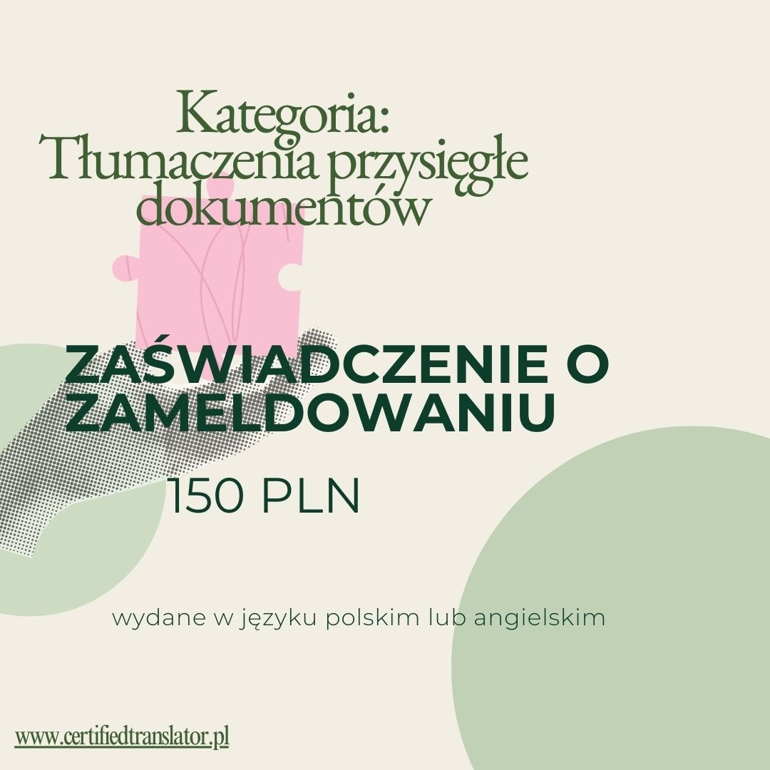 Grafika: Tłumaczenie przysięgłe dokumentów, zaświadczenie o zameldowaniu, cena 150 PLN, w języku polskim i angielskim. Pastelowe kolory, logo firmy.