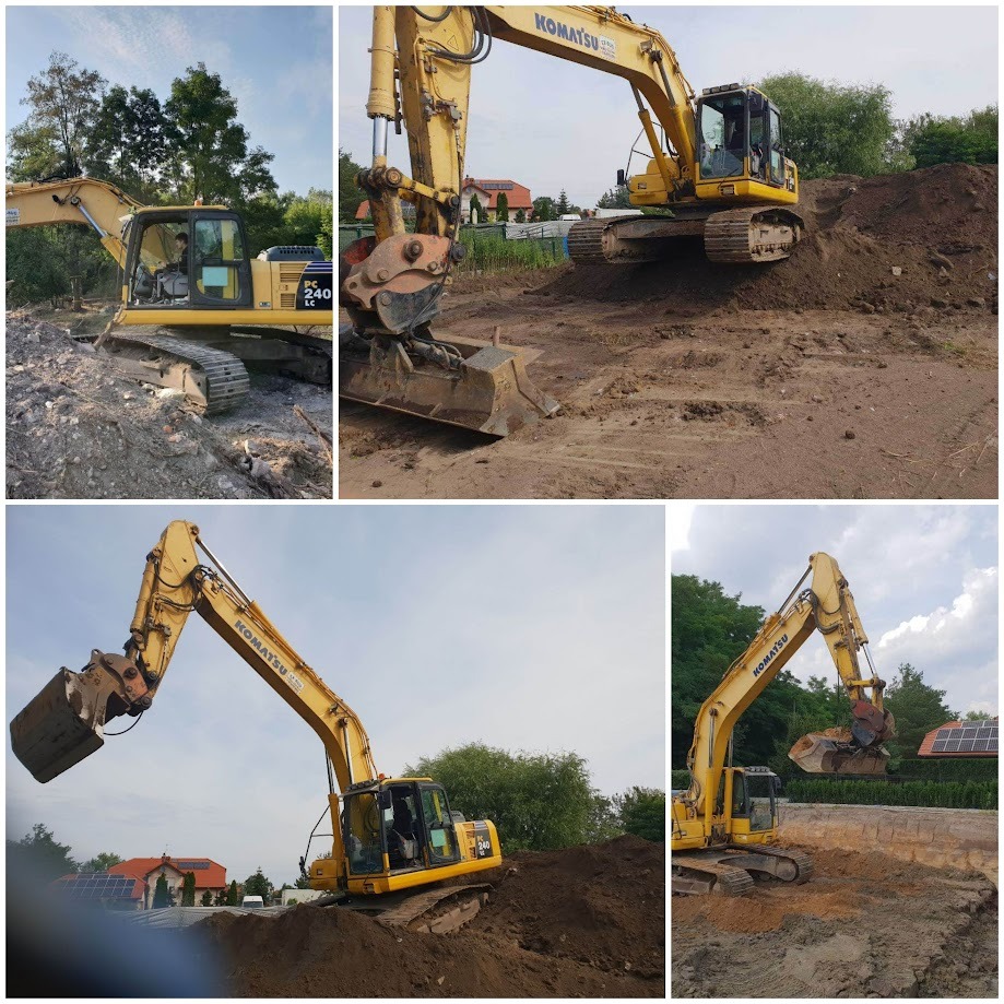 Komatsu PC240LC koparka w akcji: wykopy ziemne pod budowę, widok z różnych perspektyw. Maszyna na placu budowy, w tle zieleń i zabudowania.