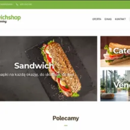 Strona internetowa firmy cateringowej z Rudy Śląskiej, prezentująca kanapki i usługi. Widoczne sekcje 'Catering' i 'Vending'. Układ strony przejrzysty, z zielonym motywem.