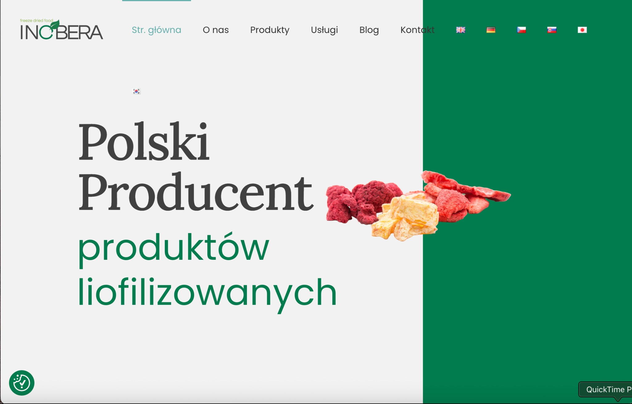 Strona internetowa producenta żywności liofilizowanej Inobera z menu nawigacyjnym i flagami językowymi w prawym górnym rogu. Na pierwszym planie owoce liofilizowane.