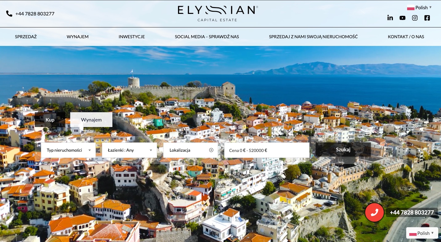 Strona internetowa agencji nieruchomości Elysian Capital Estate z widokiem na greckie miasto z czerwonymi dachami i morze w tle. Filtr wyszukiwania nieruchomości na pierwszym planie.