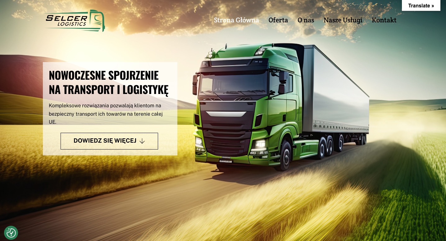Strona internetowa firmy transportowej Selcer Logistics z zieloną ciężarówką na tle krajobrazu. Tekst: Nowoczesne spojrzenie na transport i logistykę.