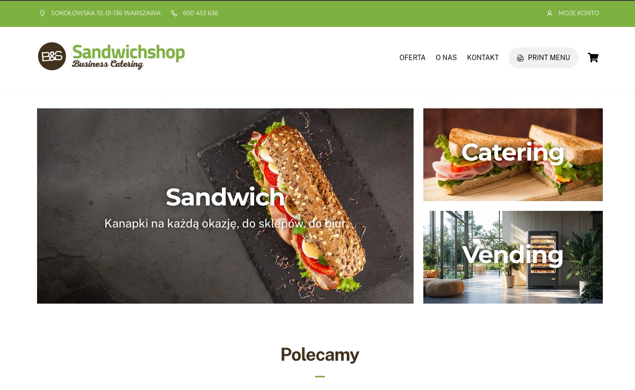 Strona internetowa firmy cateringowej z Rudy Śląskiej, prezentująca kanapki i usługi. Widoczne sekcje 'Catering' i 'Vending'. Układ strony przejrzysty, z zielonym motywem.