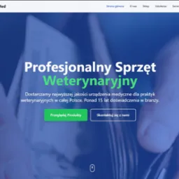 Strona internetowa VetMed z ofertą profesjonalnego sprzętu weterynaryjnego. Widoczne menu, logo i przyciski nawigacyjne. Stonowana kolorystyka.