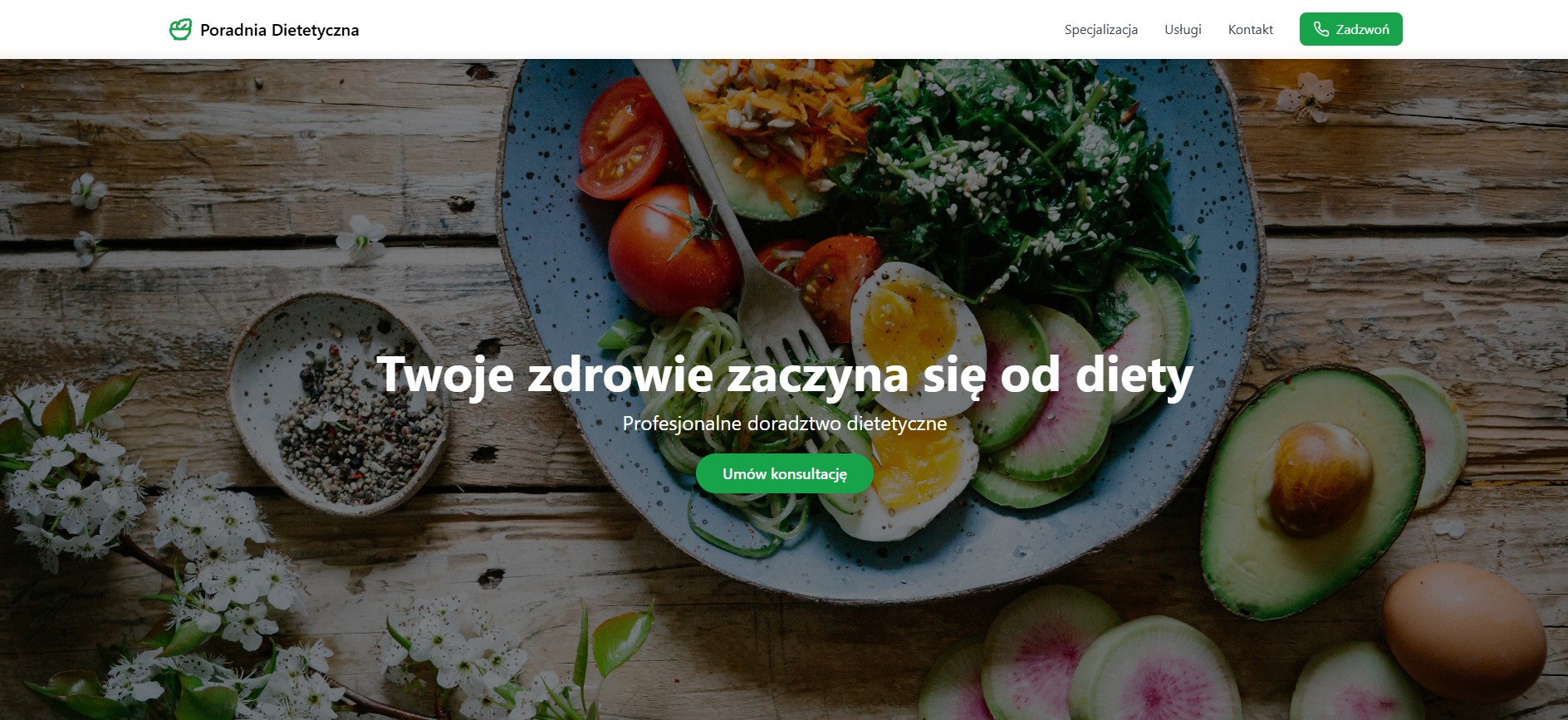 Dietetyczna strona internetowa: talerz ze zdrowym jedzeniem, awokado i napis 'Twoje zdrowie zaczyna się od diety'. Profesjonalne doradztwo dietetyczne.