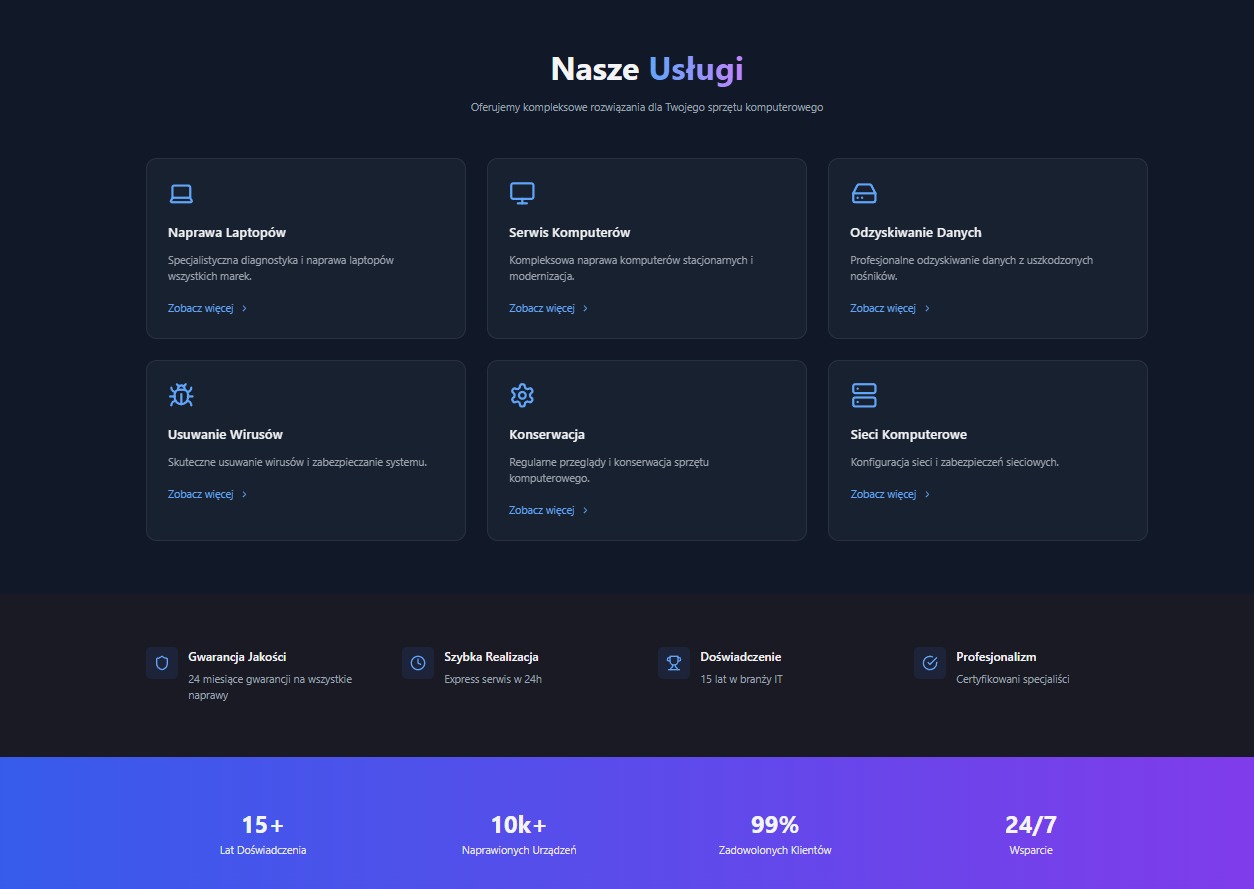 Nowoczesny interfejs z ofertą usług IT: naprawa laptopów i komputerów, usuwanie wirusów, odzyskiwanie danych, konserwacja sprzętu, konfiguracja sieci. Gwarancja jakości i szybka realizacja.