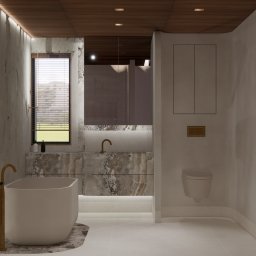Miód Studio Weronika Babij - Nowoczesna łazienka z wanną wolnostojącą i marmurową umywalką, okno z żaluzjami, drewniany sufit z oświetleniem punktowym, minimalistyczna toaleta podwieszana.