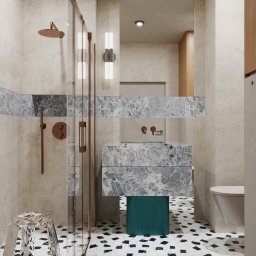 Miód Studio Weronika Babij - Elegancka łazienka z marmurową umywalką i mozaikową podłogą. Kabina prysznicowa ze szklaną ścianką. Miedziana armatura i oświetlenie punktowe.