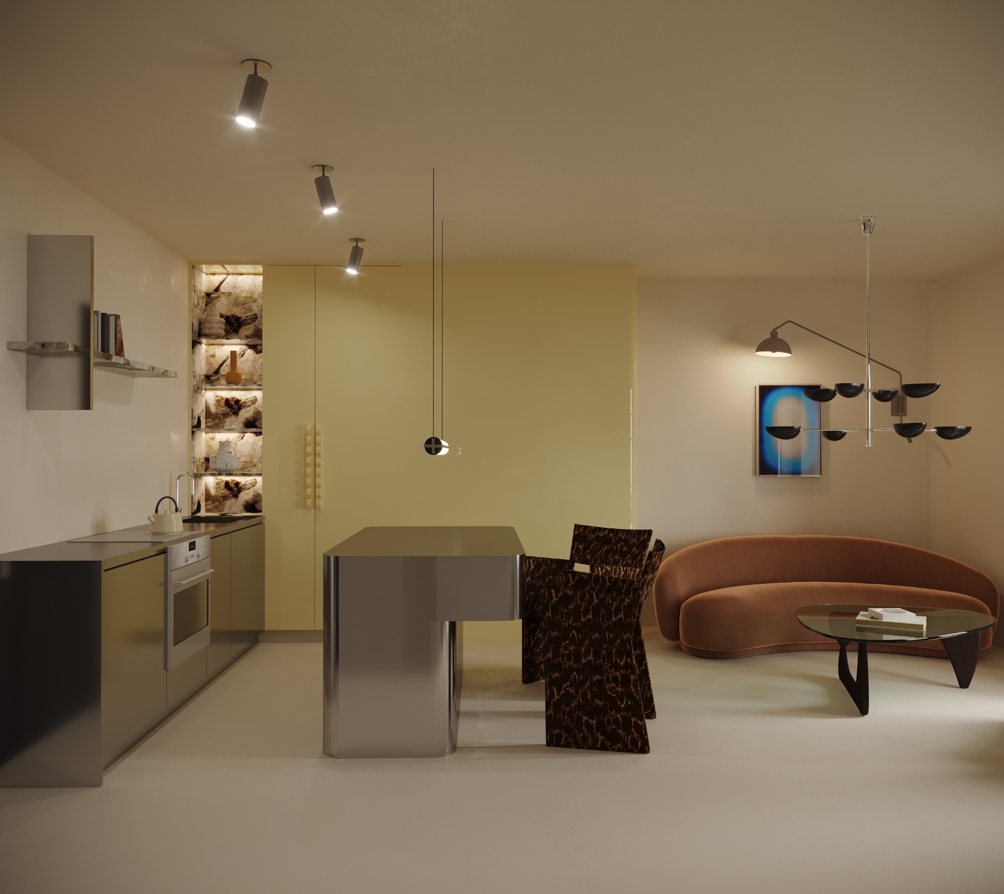 Nowoczesna aranżacja wnętrza: metalowa kuchnia, wyspa z krzesłami w panterkę, sofa w odcieniach brązu i marmurowa wnęka z dekoracjami. Oświetlenie punktowe.