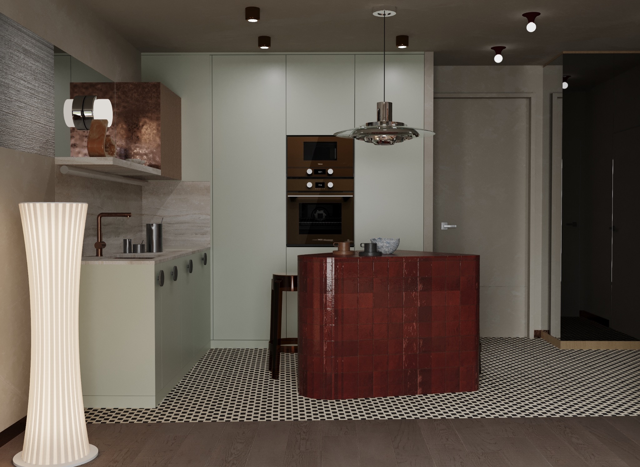 Stylowa kuchnia z wyspą wykończoną czerwoną, kwadratową mozaiką. Uwagę przykuwa designerska lampa podłogowa i wzorzysta posadzka. Nowoczesne oświetlenie sufitowe.