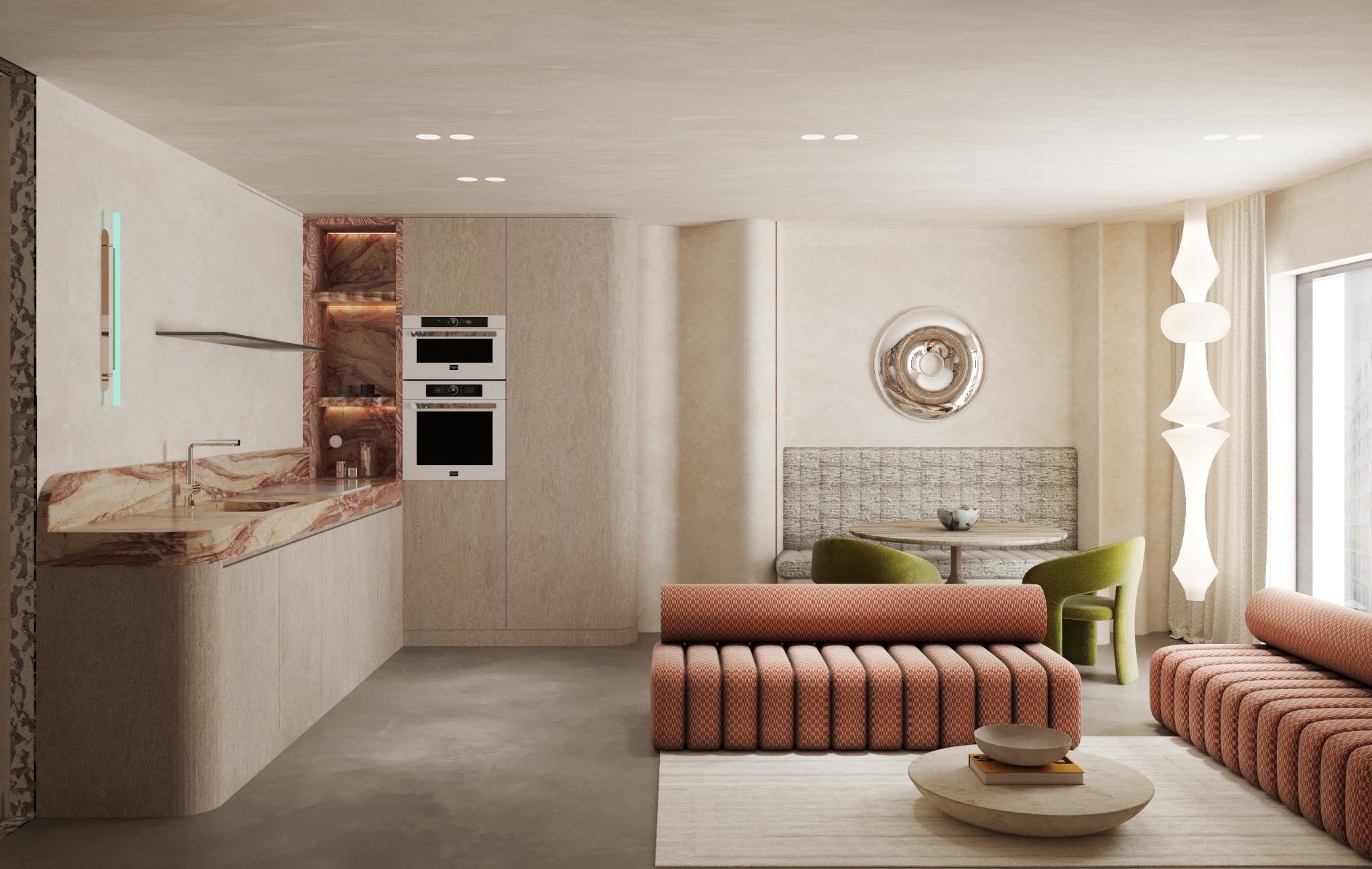 Jasne, nowoczesne wnętrze z marmurową wyspą kuchenną i sofą w kolorze terakoty. Minimalistyczny design, okrągły stół z zielonymi krzesłami, designerska lampa.