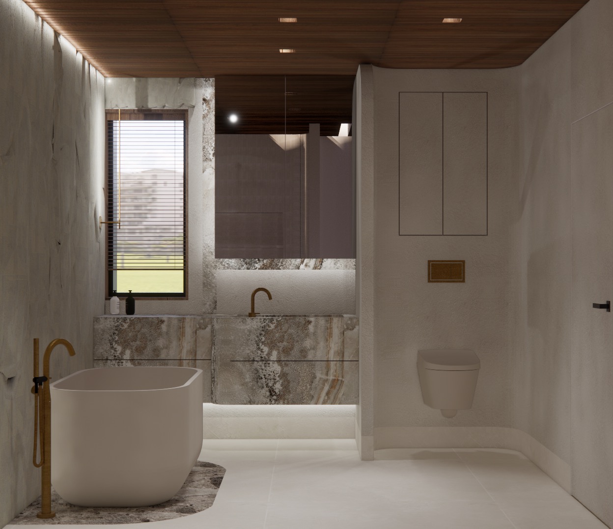 Nowoczesna łazienka z wanną wolnostojącą i marmurową umywalką, okno z żaluzjami, drewniany sufit z oświetleniem punktowym, minimalistyczna toaleta podwieszana.