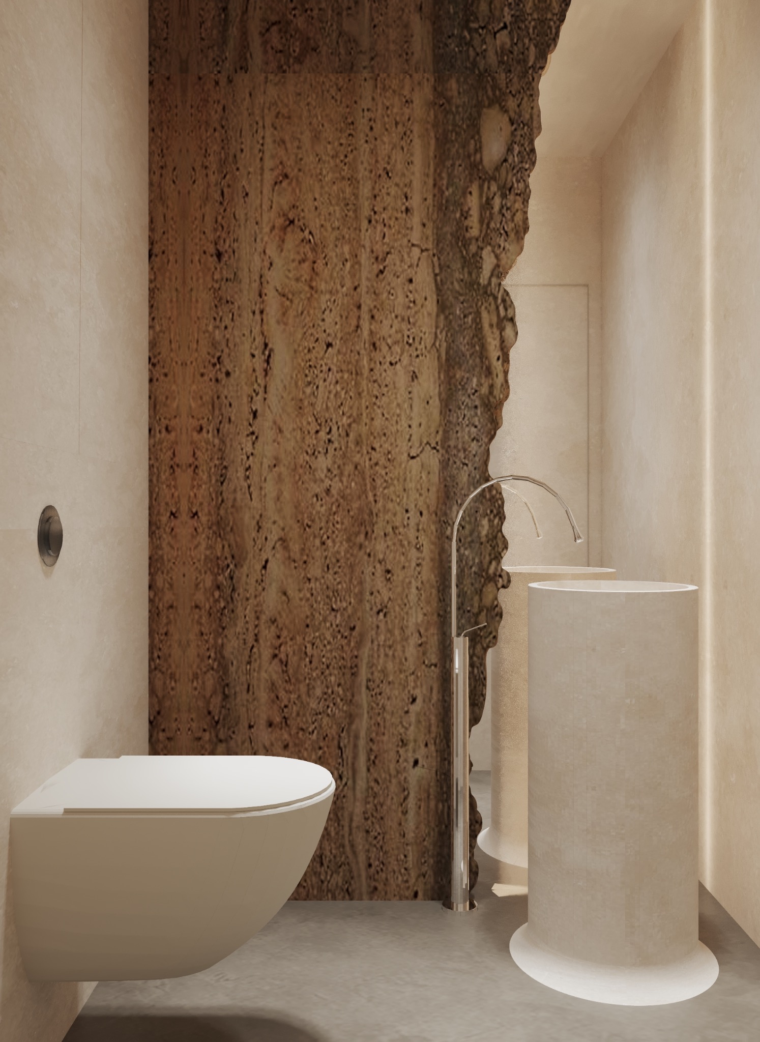 Nowoczesna łazienka z beżowymi ścianami, podwieszaną toaletą i umywalką na postumencie. Ciekawa faktura ściany z efektem naturalnego kamienia.