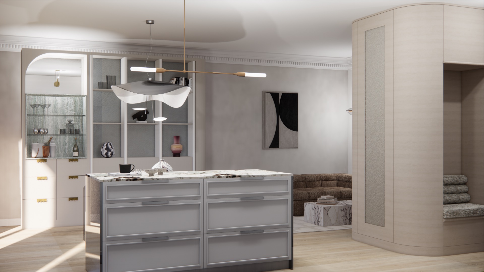 Elegancka kuchnia z wyspą i witryną, oświetlona designerską lampą. Marmurowy blat, neutralna kolorystyka, minimalistyczny wystrój z elementami dekoracyjnymi.