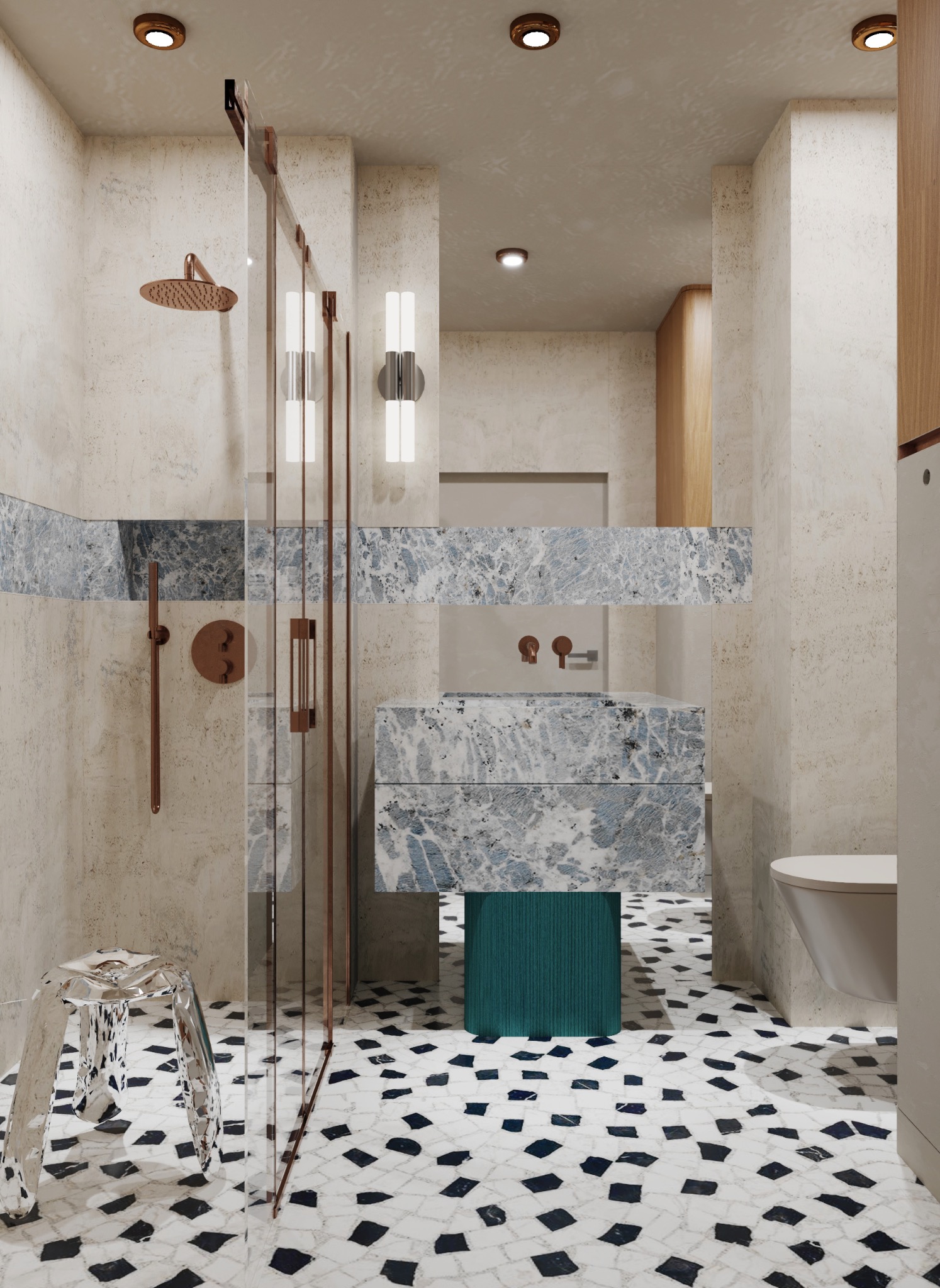 Elegancka łazienka z marmurową umywalką i mozaikową podłogą. Kabina prysznicowa ze szklaną ścianką. Miedziana armatura i oświetlenie punktowe.