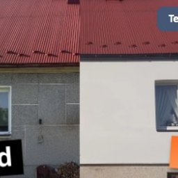 MEDIA BROKER SPÓŁKA Z OGRANICZONĄ ODPOWIEDZIALNOŚCIĄ - Dom przed i po termomodernizacji: elewacja szara, chropowata vs. biała, gładka. Czerwony dach pozostaje niezmieniony. Widoczne okno i napisy 'Przed' i 'Po'.