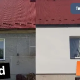 Dom przed i po termomodernizacji: elewacja szara, chropowata vs. biała, gładka. Czerwony dach pozostaje niezmieniony. Widoczne okno i napisy 'Przed' i 'Po'.