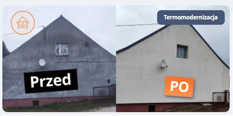 Dom przed i po termomodernizacji. Po lewej szary budynek, po prawej ocieplony, pomalowany na biało. Widoczne zmiany w wyglądzie elewacji i dachu.