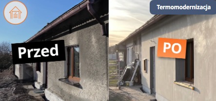 Termomodernizacja domu: porównanie stanu przed ociepleniem (szary budynek z czarnym napisem 'Przed') i po ociepleniu (jasny budynek z napisem 'Po').