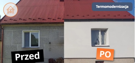 Dom przed i po termomodernizacji: elewacja szara, chropowata vs. biała, gładka. Czerwony dach pozostaje niezmieniony. Widoczne okno i napisy 'Przed' i 'Po'.