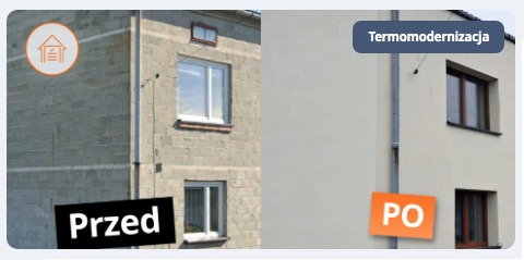 Termomodernizacja budynku: porównanie stanu przed i po. Widoczne ocieplenie i nowa elewacja. Ujęcie z zewnątrz, dwukondygnacyjny budynek.