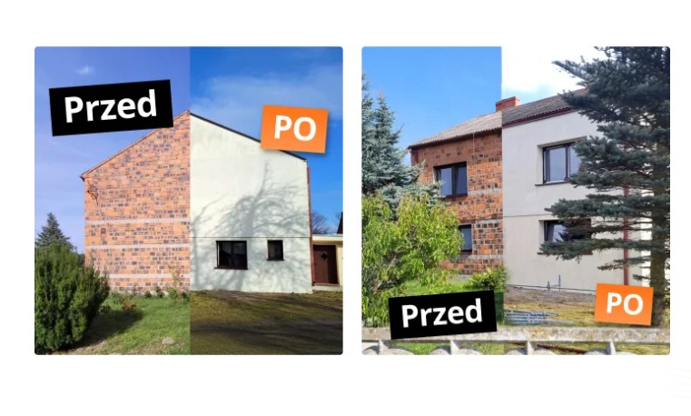 Dwa zdjęcia domu przed i po ociepleniu, z widoczną zmianą elewacji z ceglanej na otynkowaną, z nakładkami tekstowymi 'Przed' i 'Po'.