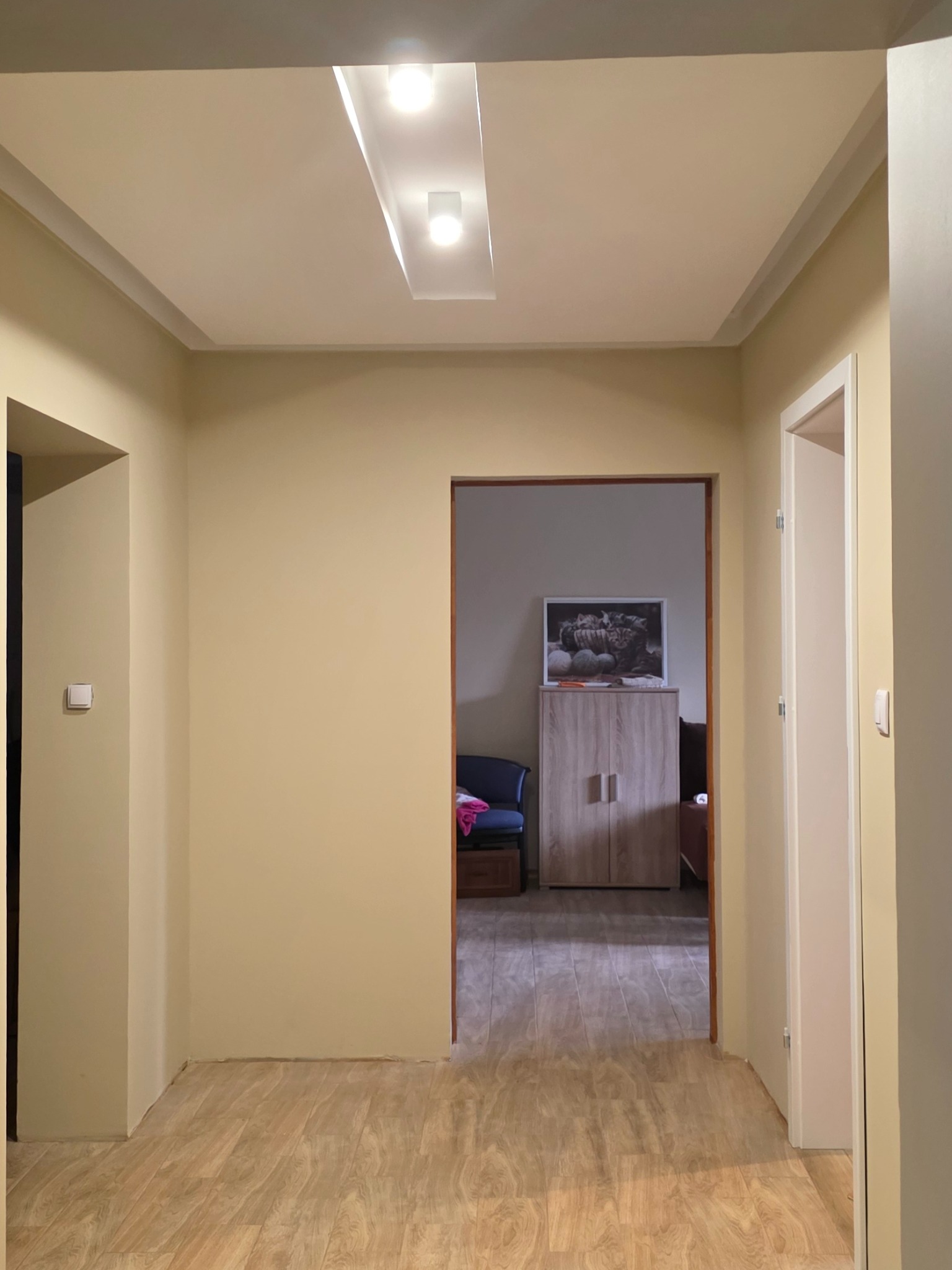 Korytarz po remoncie: świeżo położone panele podłogowe, pomalowane ściany w odcieniach beżu, nowe oświetlenie sufitowe i widok na umeblowane pokoje.