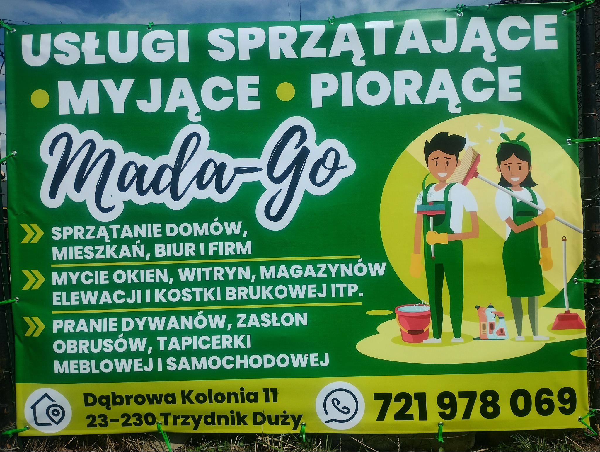 Baner firmy Mada-Go oferującej usługi sprzątające, myjące i piorące domy, mieszkania, biura, okna, elewacje, kostkę brukową, dywany i tapicerki. Kontakt: 721 978 069.