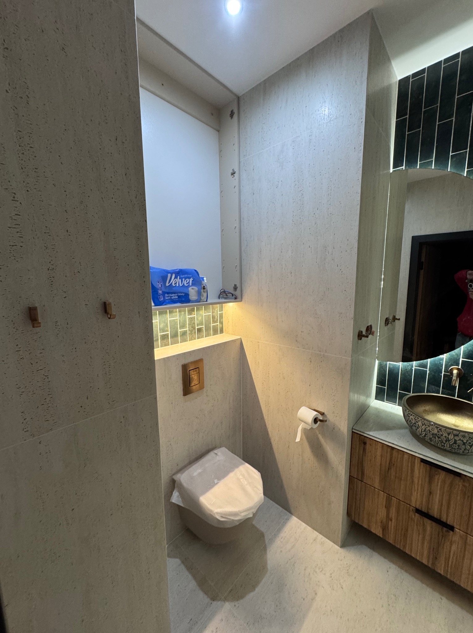 Nowoczesna łazienka w beżowych odcieniach z umywalką w stylu boho, podświetlanym lustrem i ukrytą toaletą. Minimalistyczne haczyki i dozownik papieru toaletowego.