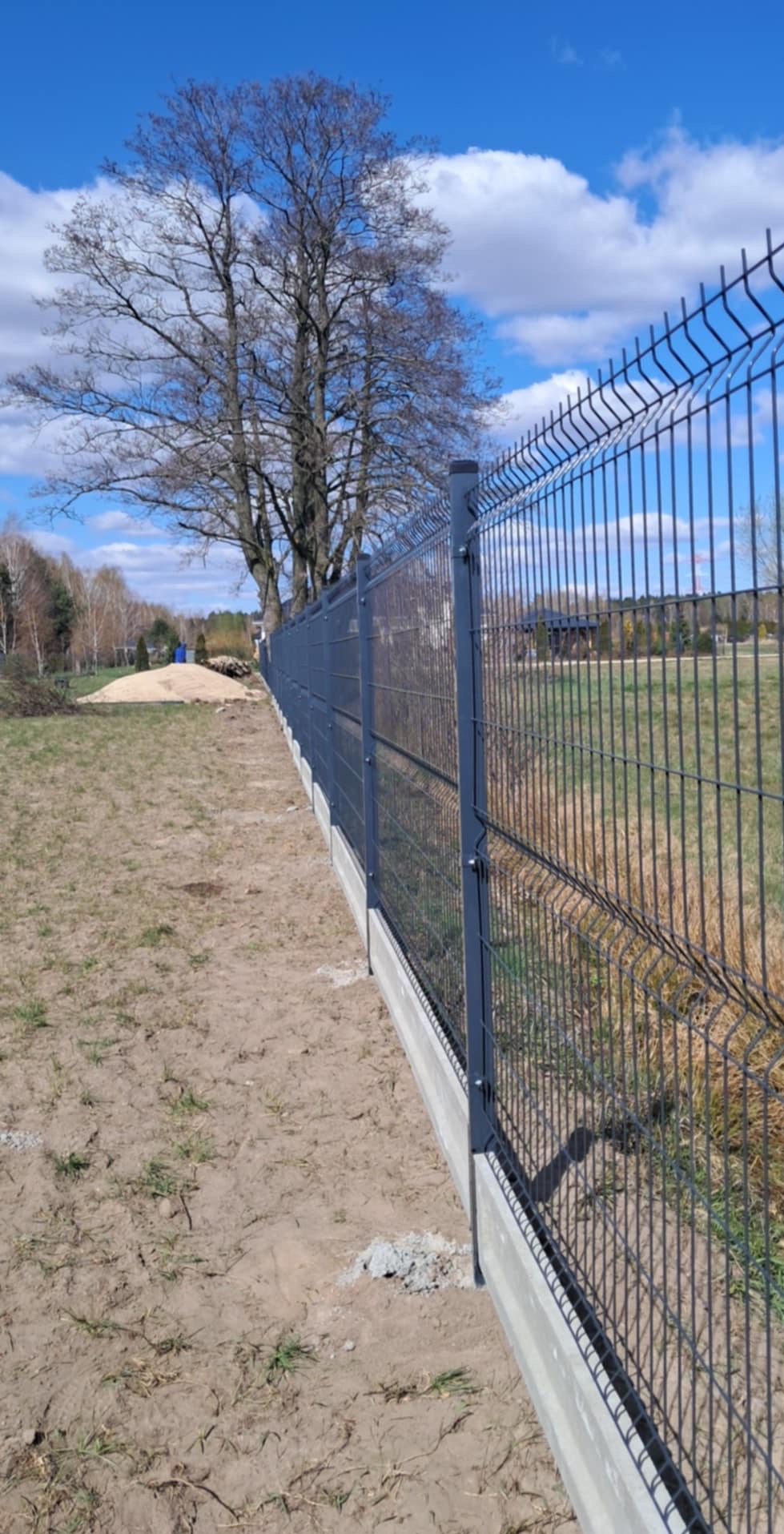 Nowoczesne ogrodzenie panelowe w kolorze grafitowym, osadzone na betonowej podmurówce. W tle drzewo bez liści i błękitne niebo z chmurami.