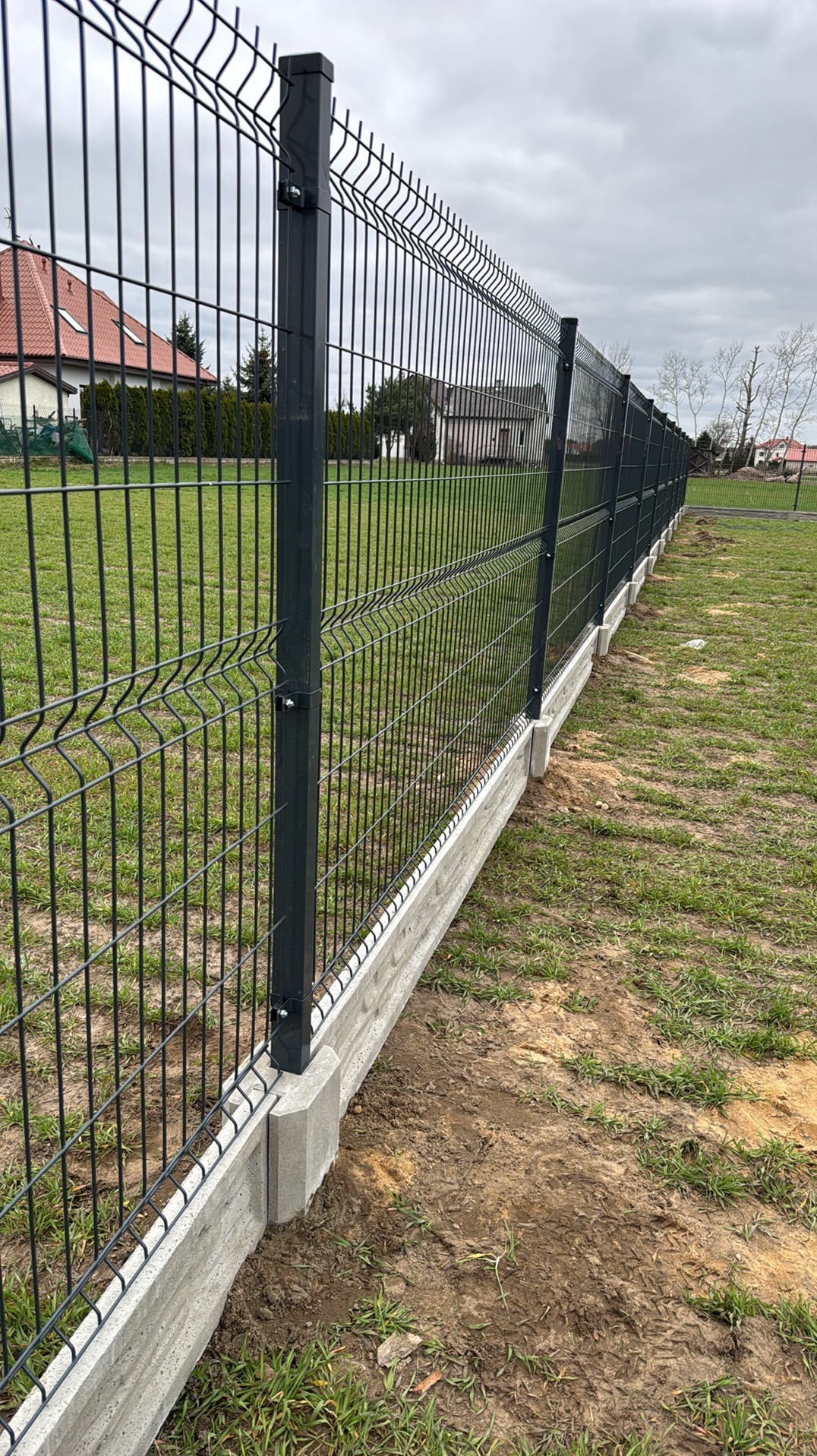 Nowoczesne ogrodzenie panelowe w kolorze grafitowym, osadzone na betonowej podmurówce. Widok na posesję z domami w tle, pochmurne niebo.